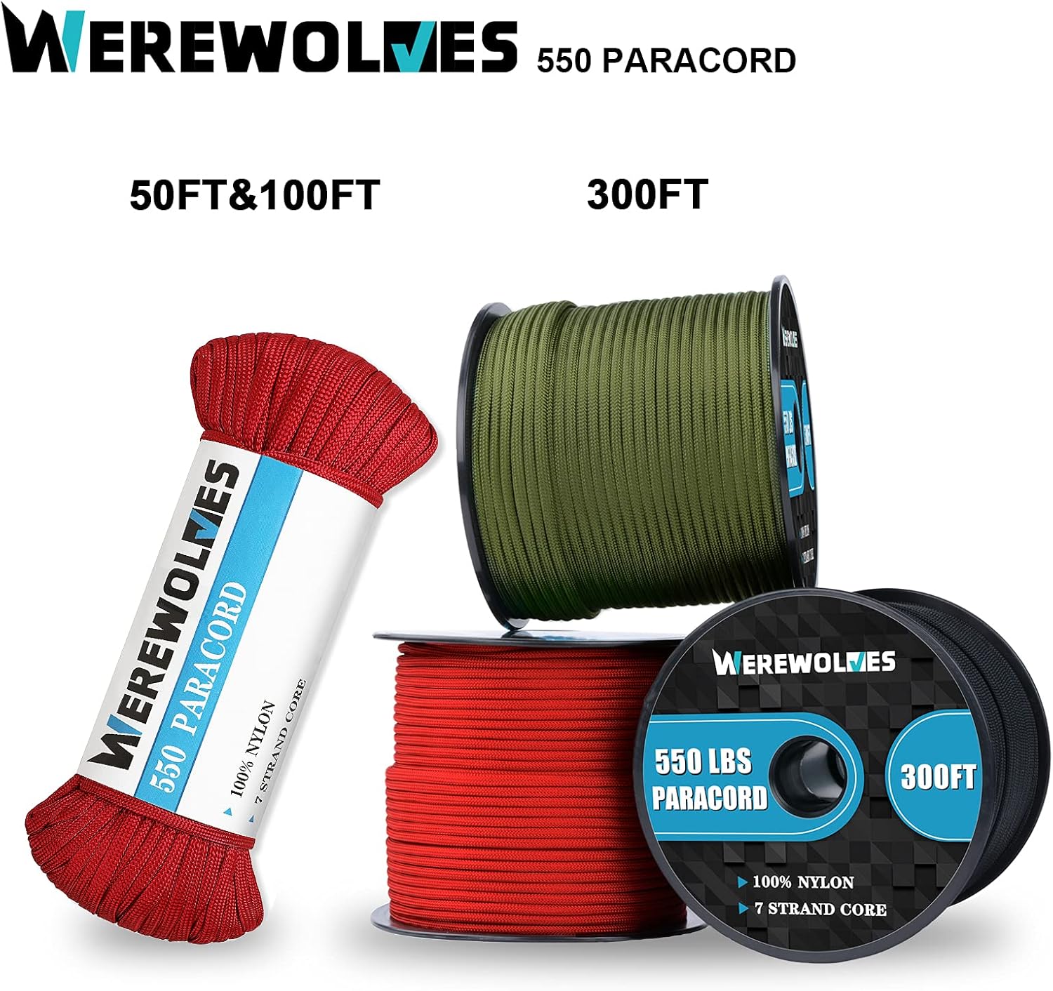 WEREWOLVES 550lb Paracord/Parachute Cord Type III 7 Strand - 100% Nylon Core and Shell - Multiple Colors : Sports & Outdoors
