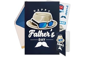 Decorably Happy Fathers Day Card Set with Hat & Sunglasses Cutouts - 5x8in Fathers Day Card from Daughter with Envelope & Stickers, Happy Father's Day Card with Printed Message, Fathers Day Card