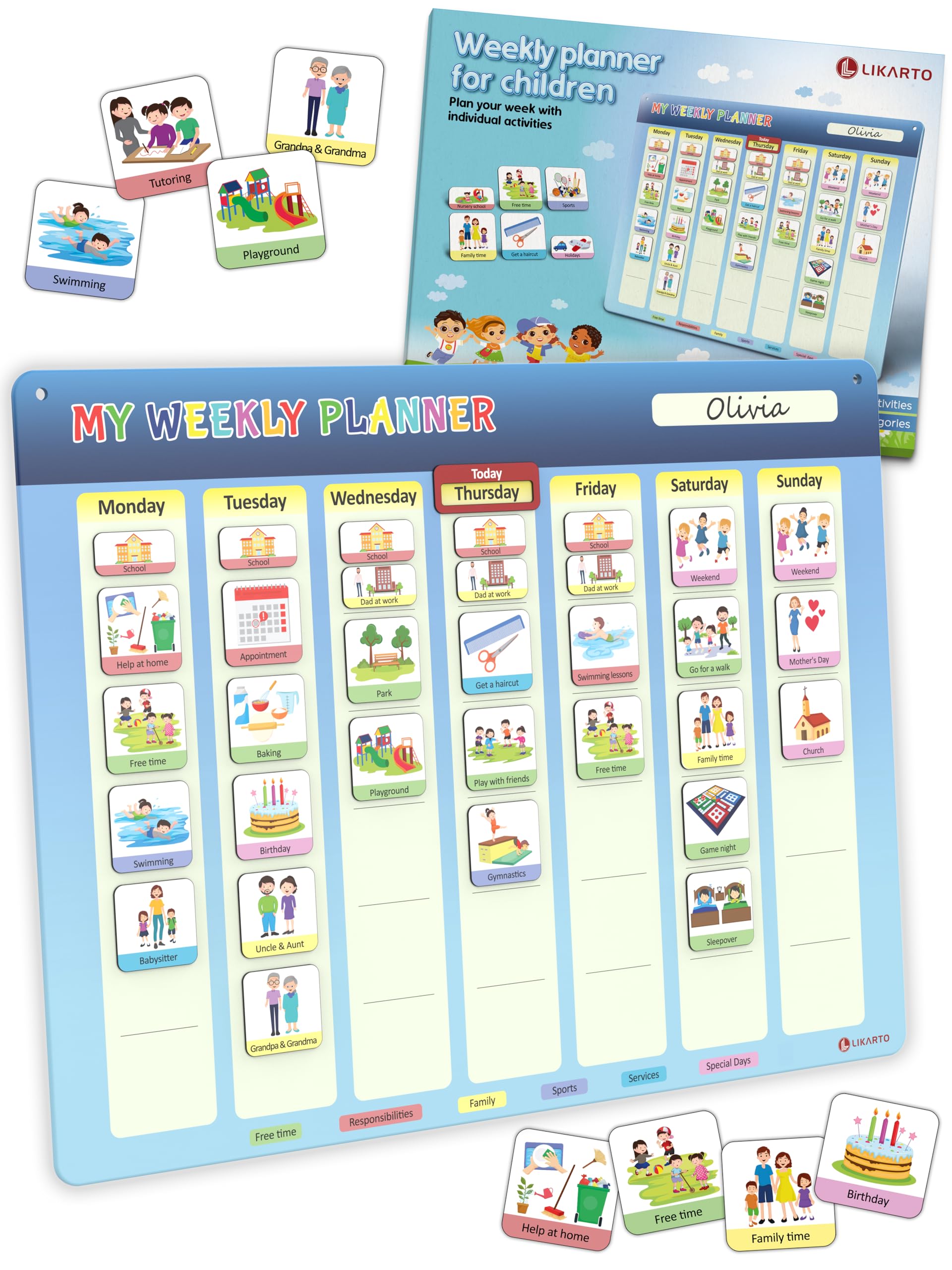 LIKARTO® Visual Timetable Weekly Planner for Kids - Montessori Magnetic Board incl. 194 Magnets & Cord - Fully Writable & Wipeable - Encourages Independence
