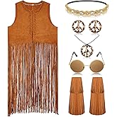 Shihanee 6 Pcs 60s 70s Outfits for Women Hippie Costume Fringe Vest Boot Covers Headband Necklaces Earrings Sunglasses