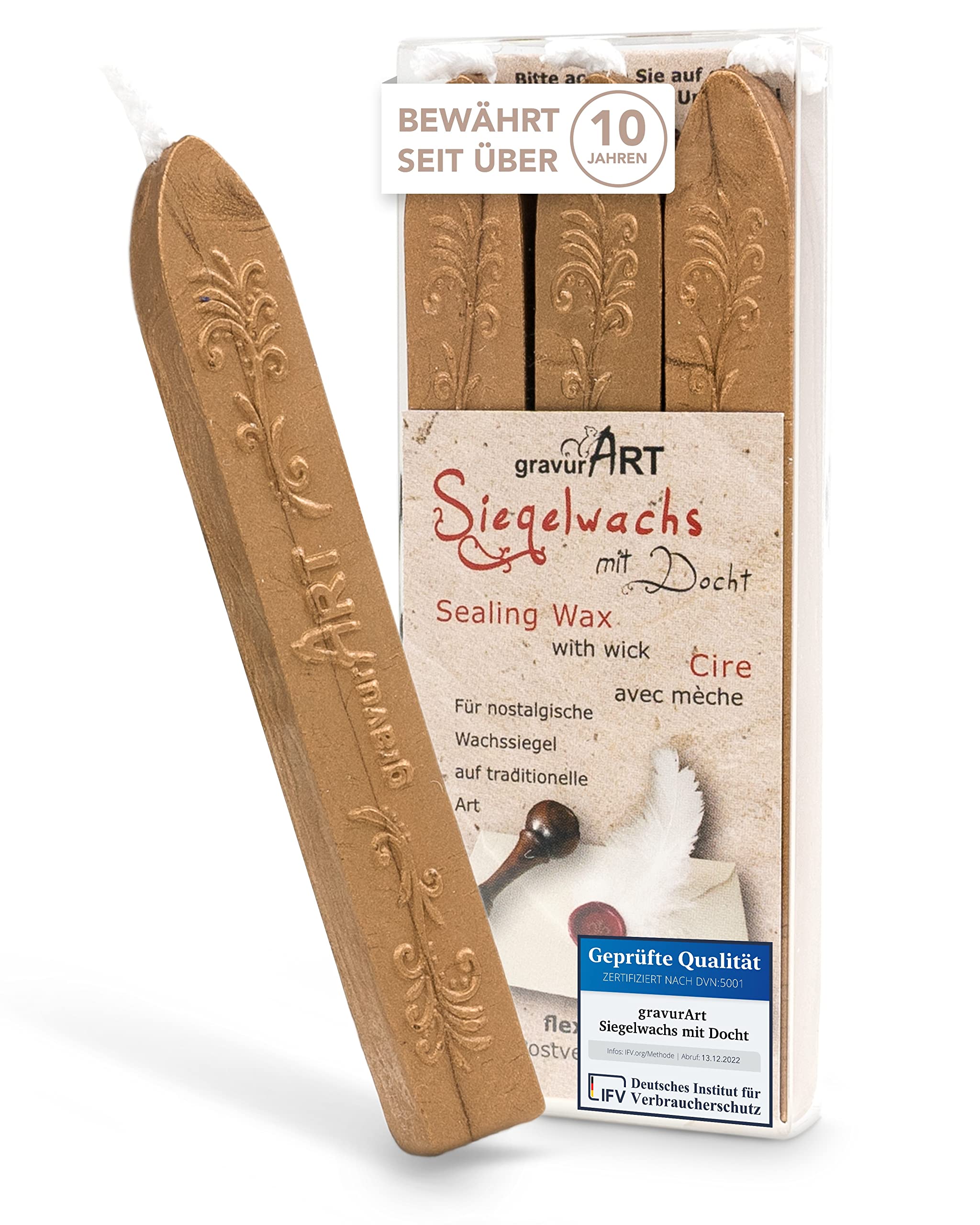 GravurArt flexible sealing wax with wick in gold, 3 sticks
