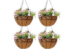 JFFLYIT 14 inch Metal Hanging Baskets For Plants Outdoor 4 Pack Round Metal Wire Hanging Basket Planter with Coco Fiber Liners Chain Round Wire Plant Holder for Garden, Patio, Deck, Porch Plants Flower Potss