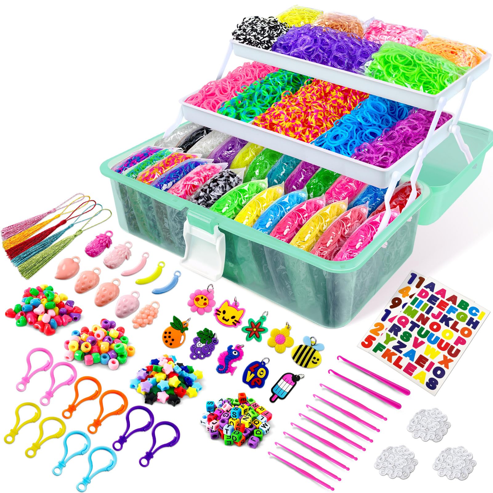 ROSHUKG 14500 Rubber Bands Bracelet Kit, Colorful Loom Bands Making Kit with 3 Layer Container for Girls Boys(Green)