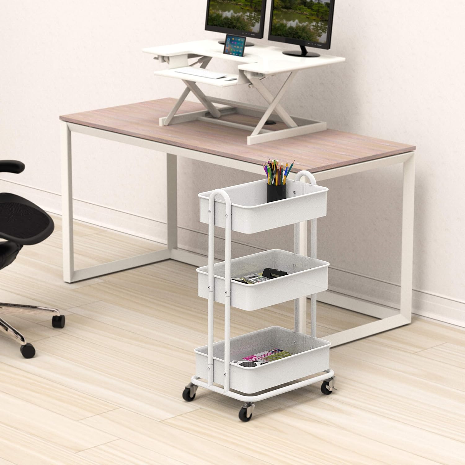SimpleHouseware Heavy Duty 3-Tier Metal Utility Rolling Cart, White : Office Products