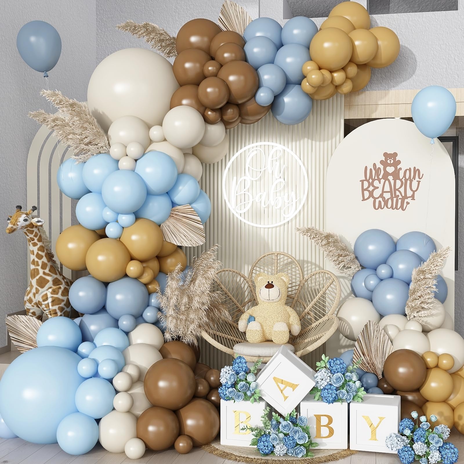 Dusty Blue and Brown Balloon Arch Kit, Bear Baby Shower Decorations, Brown Tan Baby Light Blue Sand White Cream Beige Double Stuffed Balloon Garland for Women Boho Birthday Party Gender Reveal Decor
