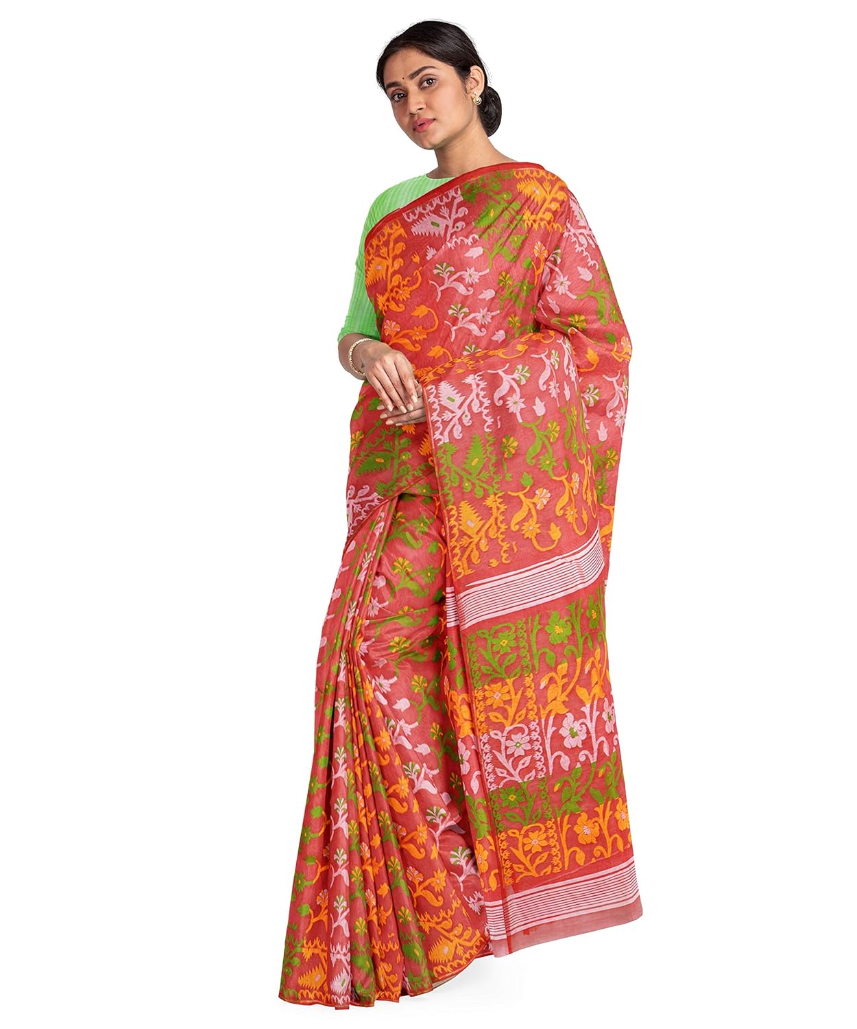 Buy Sarika Women S Floral Zari Design Cotton Dhakai Jamdani Saree Red At Amazon In