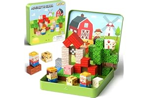 HUNLOOT 49 Pcs Farm Animals Magnetic Building Blocks Set for Toddlers 3-5, Travel Toys with Iron Storage Box, Magnetic Tiles & Cubes for Kids Ages 4-8, STEM Learning, Portable Play Base for Car Plane Trips