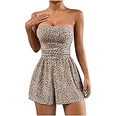 Floerns Women's Leopard Print Strapless Tube Jumpsuit Wide Leg Shorts Romper