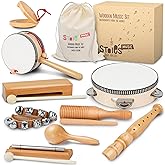 Stoie's Wooden Toddler Musical Instruments with Drum, Hand Bells, Flute, Maracas, Castanet, Tamburine, for Babies and Kids, E