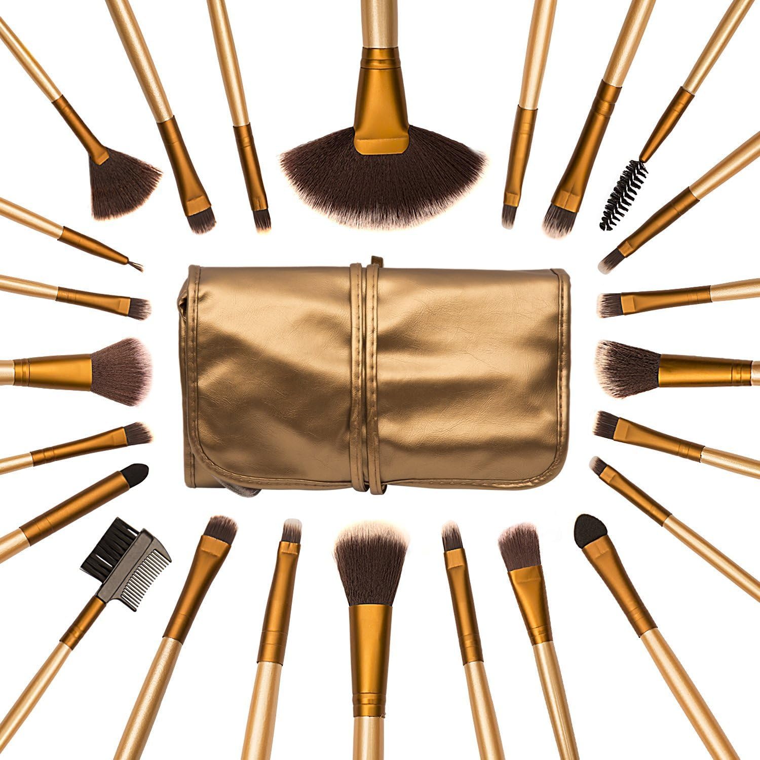 Allin Exporters Zureni Makeup Brush Set with Travel and Carry Case, Golden (24 Pieces)