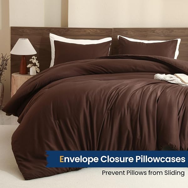 PAXRAC EARTHY BROWN COMFORTER QUEEN SIZE, NEUTRAL 3 PIECES COMFORTER SET, LIGHTWEIGHT SOLID BEDDING SET, ALL SEASONS SOFT FLUFFY QUEEN COMFORTER SET (90X90IN COMFORTER & 2 PILLOWCASES)