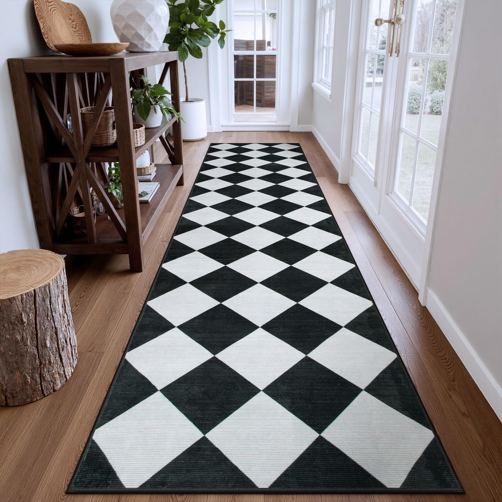 Photo 1 of Beeiva Checkered Print Washable Rug Runners for Hallways Non Slip 2.5x10, Ultra Thin Black Kitchen Runner Stain Resistant Hallway Runner Rug 10 ft, Checkerboard Carpet for Bathroom Entryway Decor