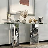 Asday Silver and Glass Console Table, 60 Inch Sofa Table, Silver Rectangle Entryway Table with Polished Mirror Base for Livin