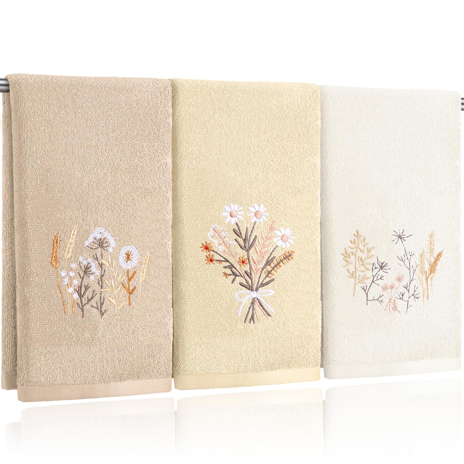 Photo 1 of Tingjoo 3 Pcs Boho Flowers Hand Towels Farmhouse Floral Brown Wildflowers Bathroom Decor 14x29 Inch Embroidered Boho 100% Cotton Soft Decorative Hand Towels for Bathroom Kitchen