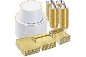 BESTVIP 600PCS Gold Dinnerware Set for 100 Guests, Plastic Plates for Party, 100 Gold Disposable Plates, 100 Dessert Plates, 100 Cups, 100 Spoons, 100 Forks and 100 Knives