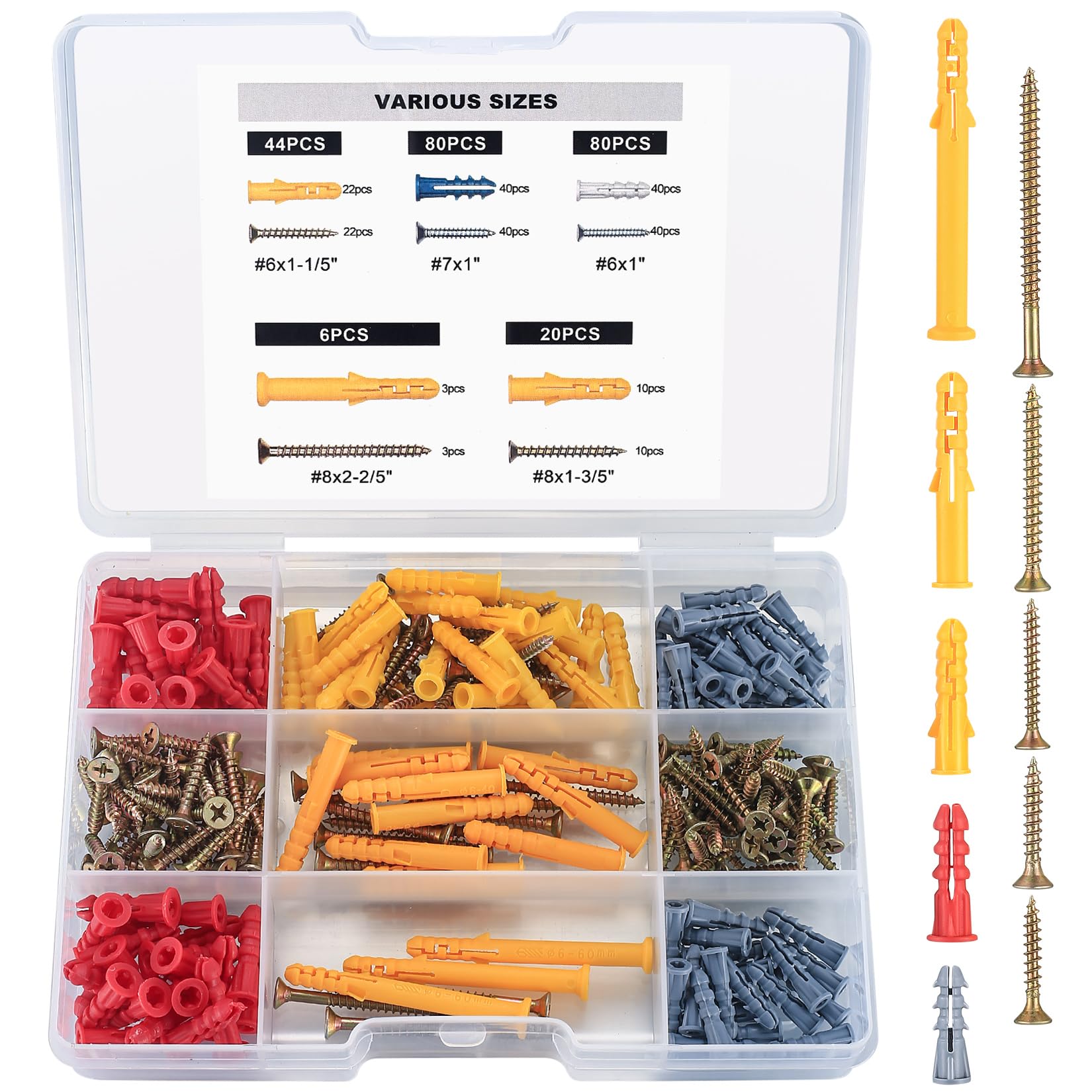 230pcs Screws and Wall Plugs Set, Wall Plugs and Screws Set, Raw Plug and Screw Set, Assorted BrickWall Fixings Concrete Masonry Screw and Plug for Walls Hanging Mounting