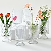 Ninehaoou 6 Pcs (H:7" W:4") Embossed Flower Vase Pedestal Glass Vase Big Base Thickened Crystal Vintage Vases for Valentines Day Wedding Home Decor Table Centerpiece House Warming Gifts(Clear)