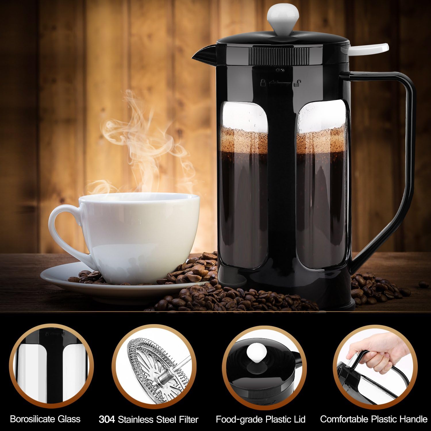 HwaGui Cafetera de Émbolo Francesa 0.6L Acero Inoxidable Filtro Vidrio  Cuerpo French Press 4 Tazas Café y té Hogar y cocina futakuchi-hakata.com