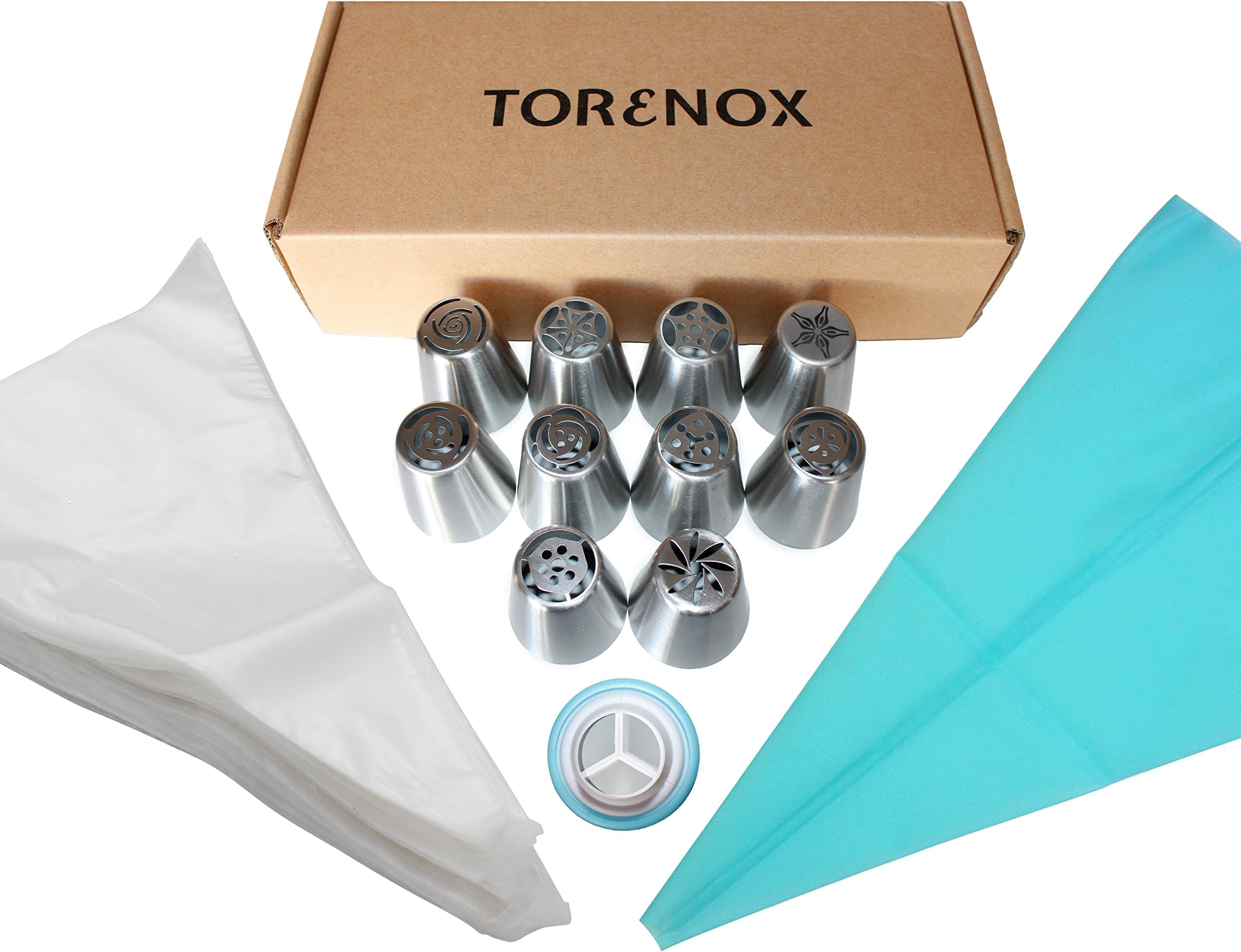 Round Piping Icing Tips SET of 17 Includes 10 Tips + Tri Coupler + Silicone Pastry Bag + 5 PlasticPastry Bags. Top Quality Stainless Steel Large Tips - By Torenox