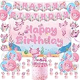 Refavor Axolotl Birthday Decorations Supplies, 44PCS Pink Axolotl Happy Birthday Decor Set for Girls, Includes Backdrop Banner Cupcake Topper Cake Topper Hanging Swirls Balloons