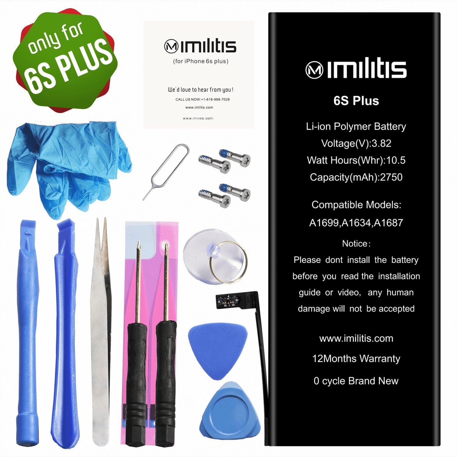 IMILITIS Compatible Replacement Battery for iPhone 6s Plus 3.82v 2750 mAh Li-ion Polymer Battery Replacement Kits with All Repair Tools, Adhesive and Instruction (12-Month Warranty)