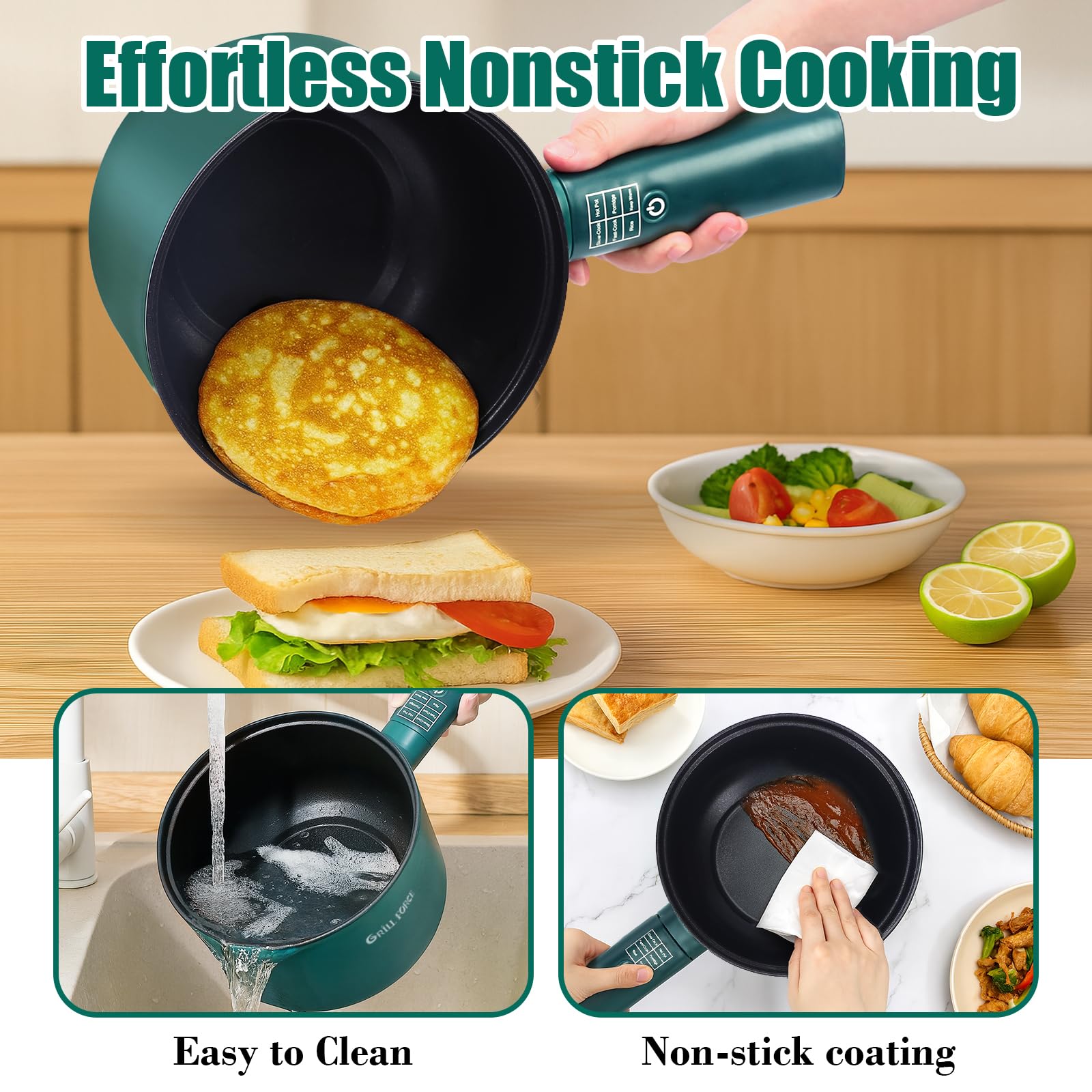 GRILL FORCE Hot Pot Electric with Steamer,6 Smart Modes, 1.8L Ramen Cooker, Portable Cooker, Non-Stick Frying Pan, Sauté Pan, Electric Pot for Pasta, Egg, Steak, BPA Free, College Dorm Room Essential