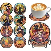 Halloween Diamond Art Coasters Kit, 8 Pieces Diamond Painting Coasters Kit | Diamond Art Kits for Adults Stress Relief Heartfelt Gift Strong Adhesive Clear Symbols Non-Slip Cork Backing Fits Most Cups