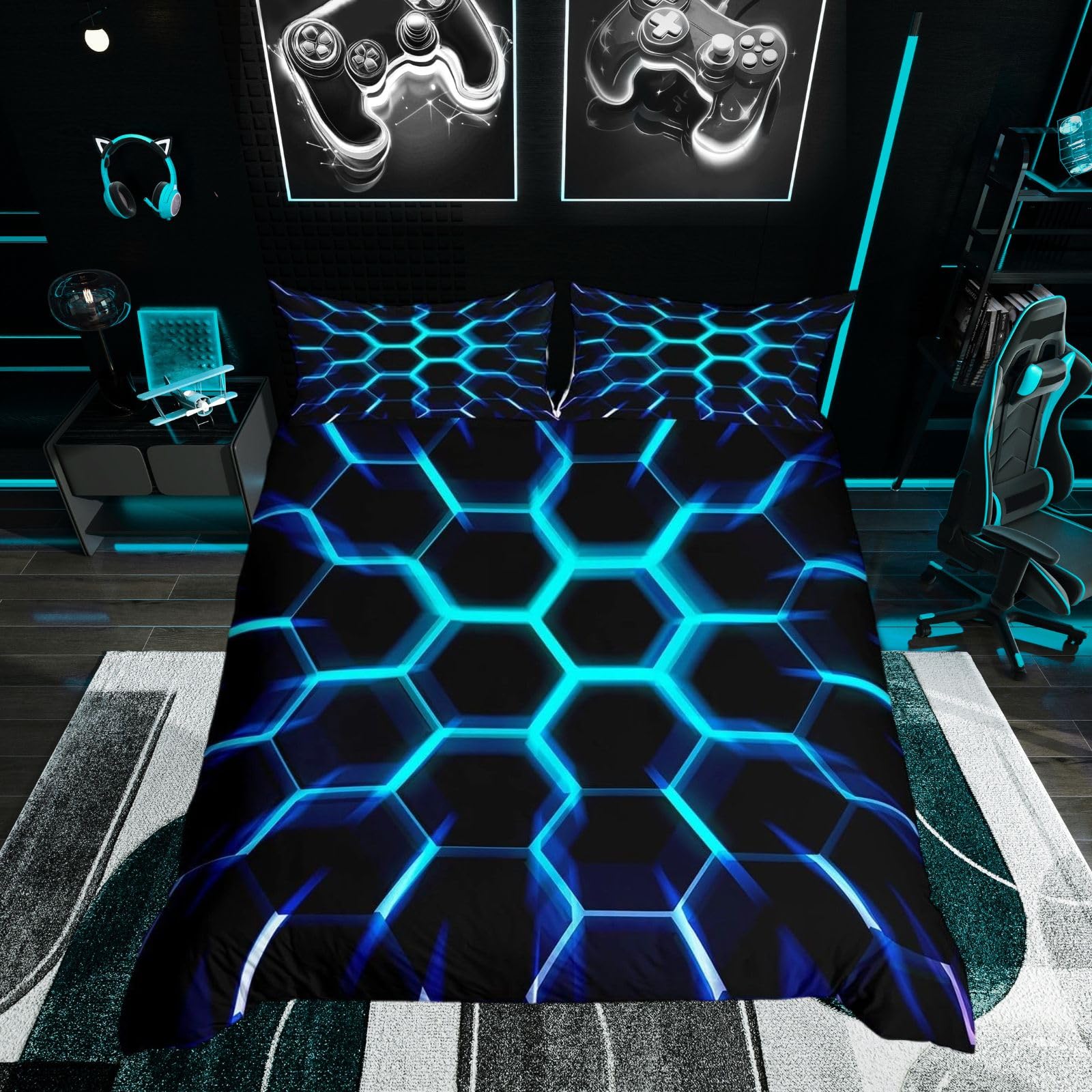Homewish Honeycomb King Size Duvet Cover Set for Kids Teens Bedroom - Boys Teal Blue Hexagon Geometric Bedding Black Reversible - Modern 3D Beehive Pattern Quilt Cover Microfiber Soft Bed Set — image 1