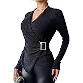 QIANZHIDU Women's Wraped V Neck Ruched Long Sleeve Blouse Shirt Top with Rhinestone Buckle
