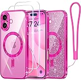 Meifigno Case Designed for iPhone 16 6.1 inch, [Compatible with MagSafe] [2X Screen Protectors] [Glitter Card & Wrist Strap] Surround Lens Protection Designed for iPhone 16 Case Girls, Hot Pink