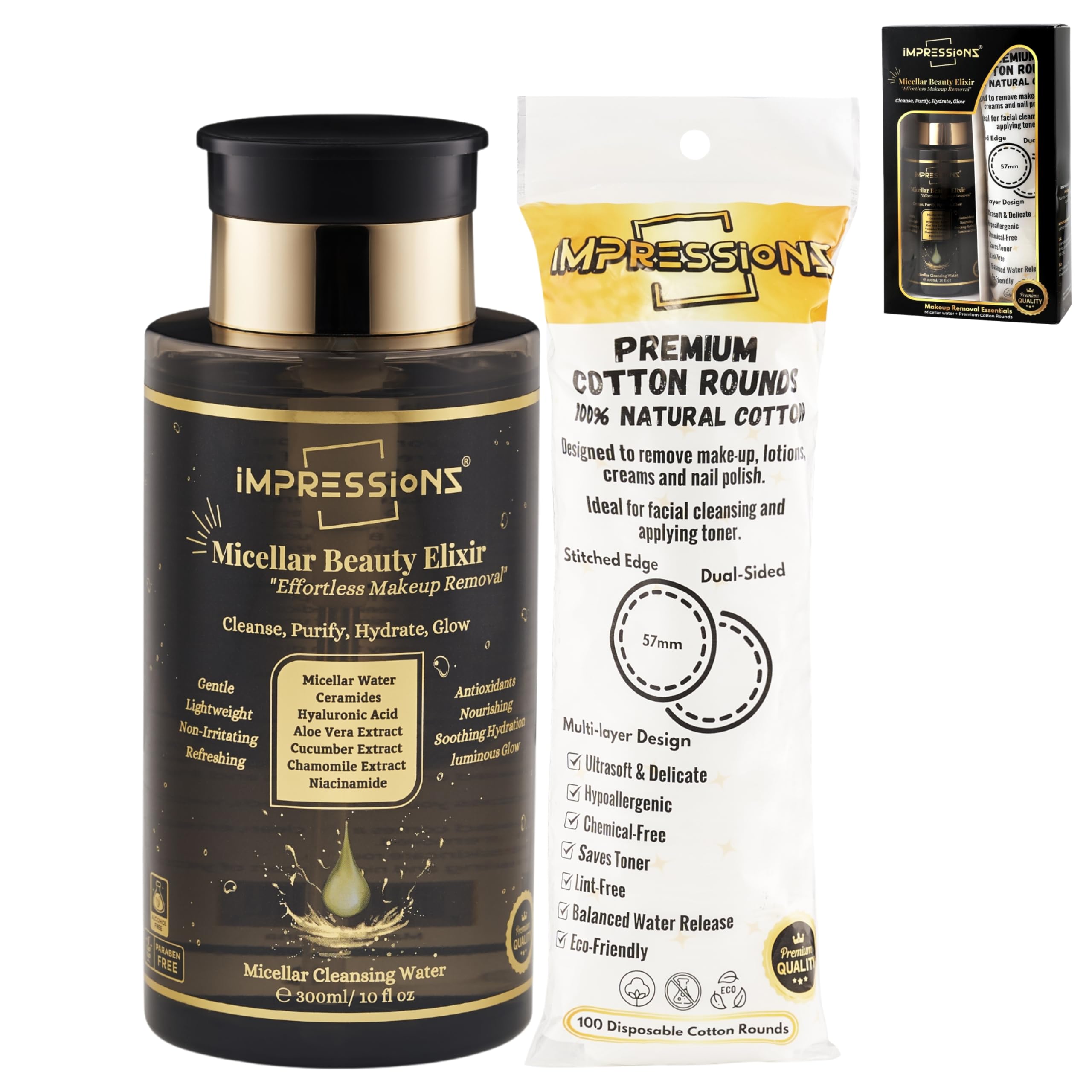 ImpressionZ Micellar Water Effortless Makeup Remover with 100 Ct Cotton Rounds - Gentle, Hydrating Cleanser for Face and Eyes, Suitable for All Skin Types, Non-Irritating, Fragrance-Free