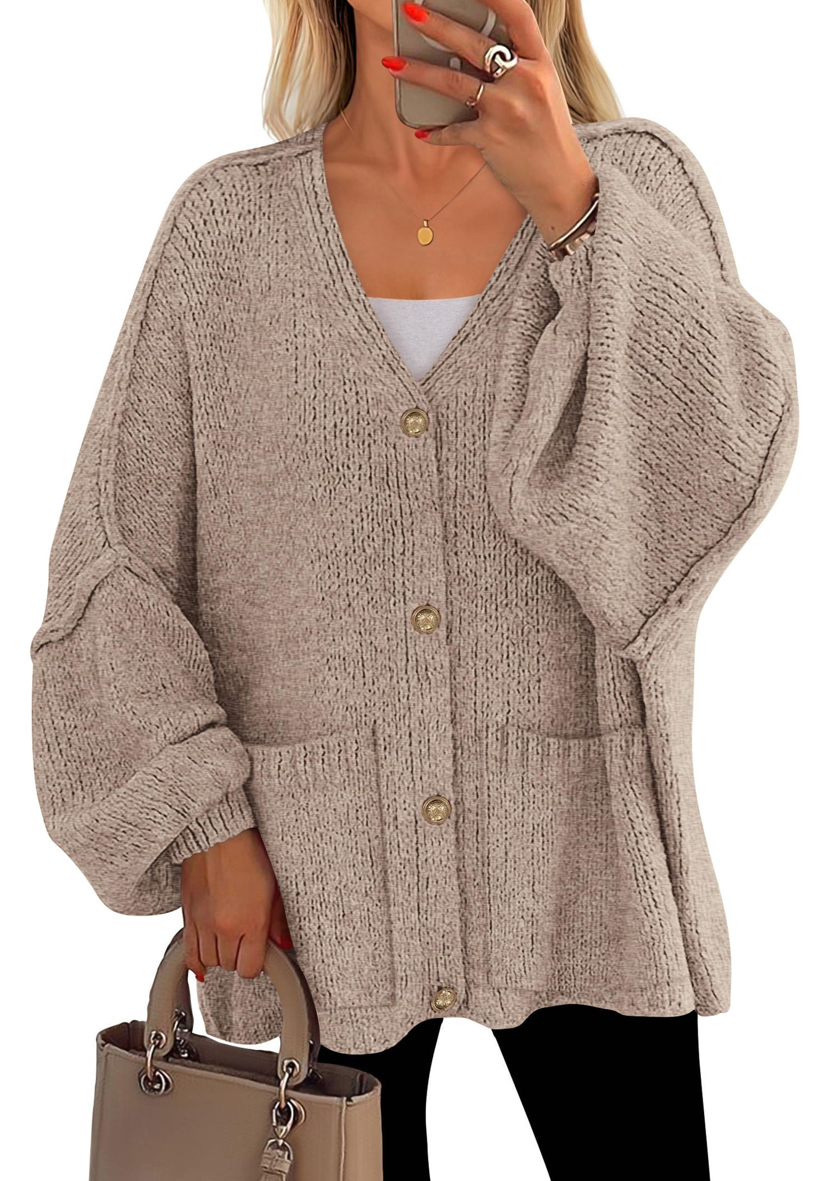 Photo 1 of PRETTYGARDEN Fall Chunky Cardigan Sweaters for Women 2025 Button Long Lantern Sleeve Knit Oversized Sweater Coats with Pocket(Light Khaki,Medium)
