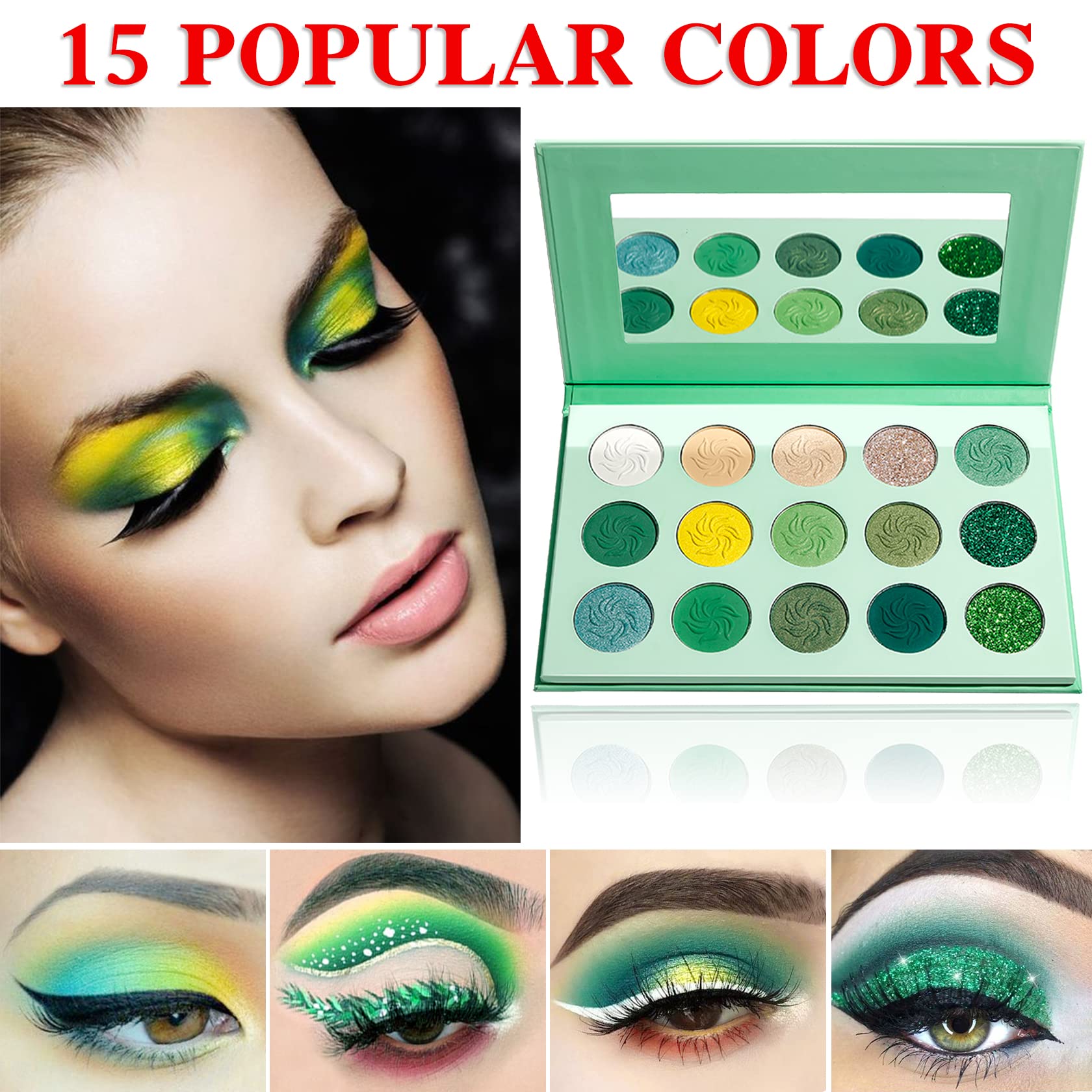 Green Eyeshadow Palette，QIUFSSE 15 Colors Eye Shadow Pallete Sets Highly Pigmented Matte Glitter Colorful Long Lasting Blendable Forest Emerald Green Yellow Makeup Pallet for Women Christmas Halloween