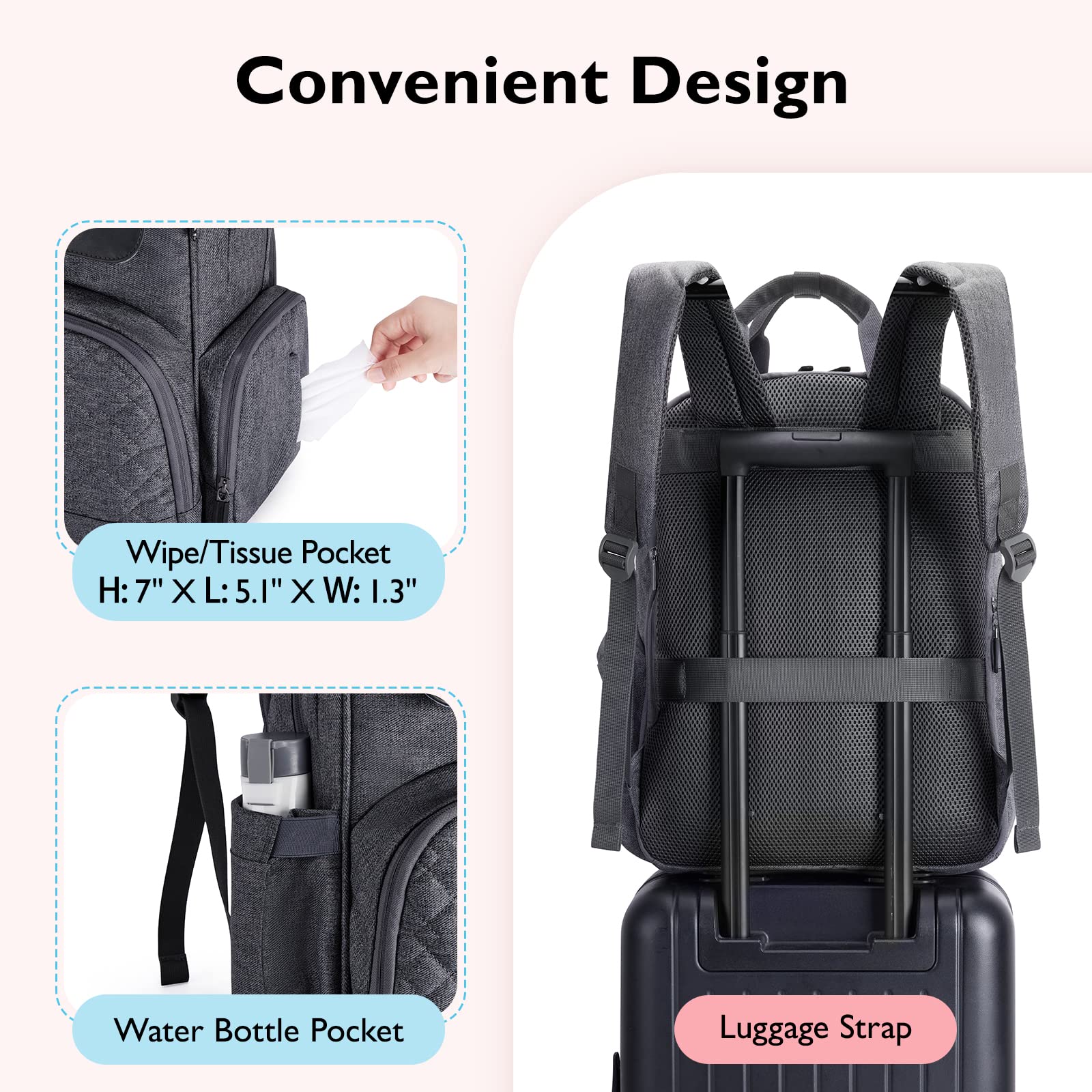 mommore Diaper Bag Backpack Large Travel Diaper Bags with Portable Changing Pad, Pacifier Case and Stroller Straps, Dark Grey