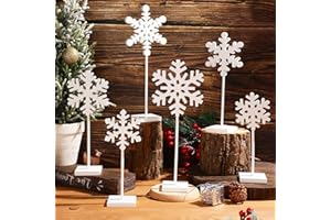 Sawysine 6 Pcs Christmas Wood Snowflake Table Centerpiece Decor Snowflake Tabletop Tall Standing Block Sign for Fireplace(White)