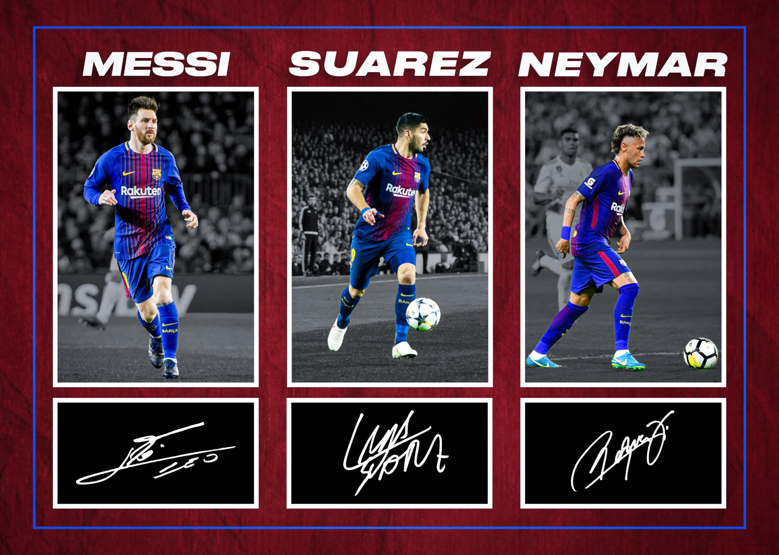 RJR PRINTS Lionel Messi, Luis Suarez & Neymar - Barcelona Legends Signed A4 Montage Photo Print Pre Printed Signature Autograph Football Gift