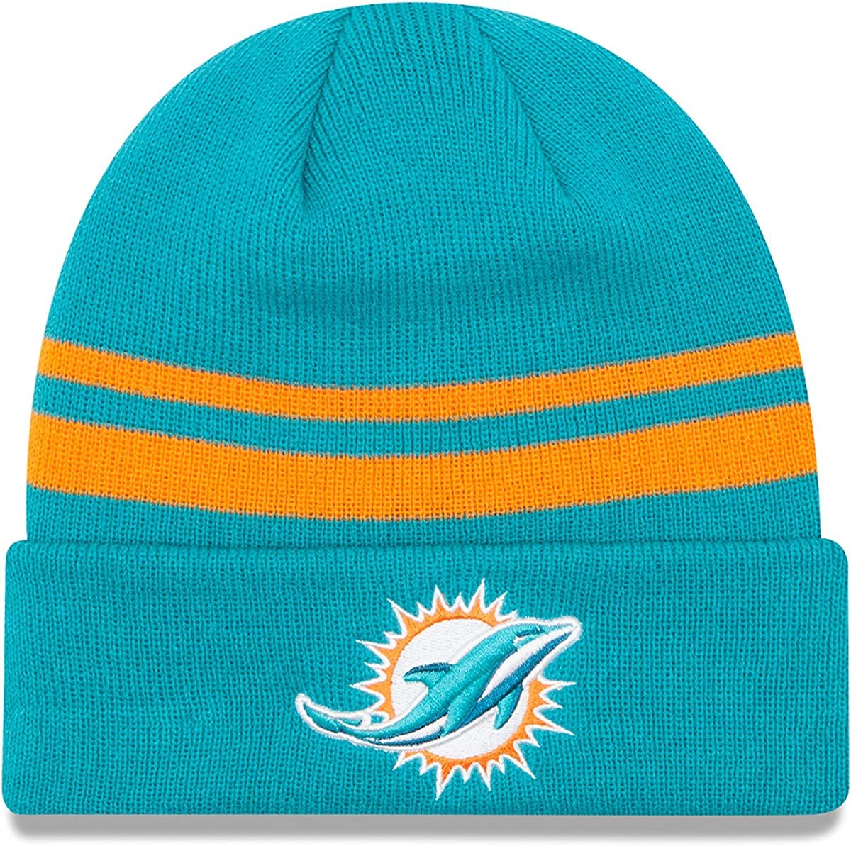 New Era Unisex-Adult NFL Official Sport Knit Classic Striped Knit Beanie Cold Weather Hat (Miami Dolphins) Image
