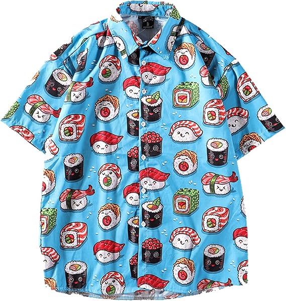 Amazon カップルシャツ アロハシャツ メンズ クラシック プリント スタイリッシュ オニギリ柄 寿司柄 トップス ラウンド裾 ショートスリーブ 通気 軽量 コンフォート 柔らかい 総柄シャツ フィット デイリー 通学 Tシャツ カットソー 通販