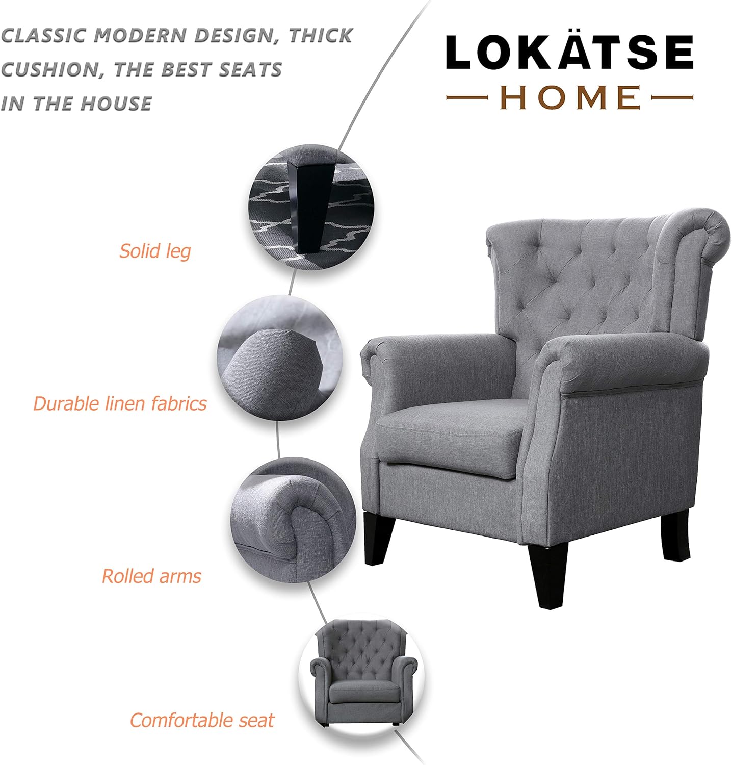 Mid-Century Modern Accent Fabric Arm Chair Comfy Upholstered Single Sofa for Living Room Furniture, Gray（Style2）: Furniture & Decor