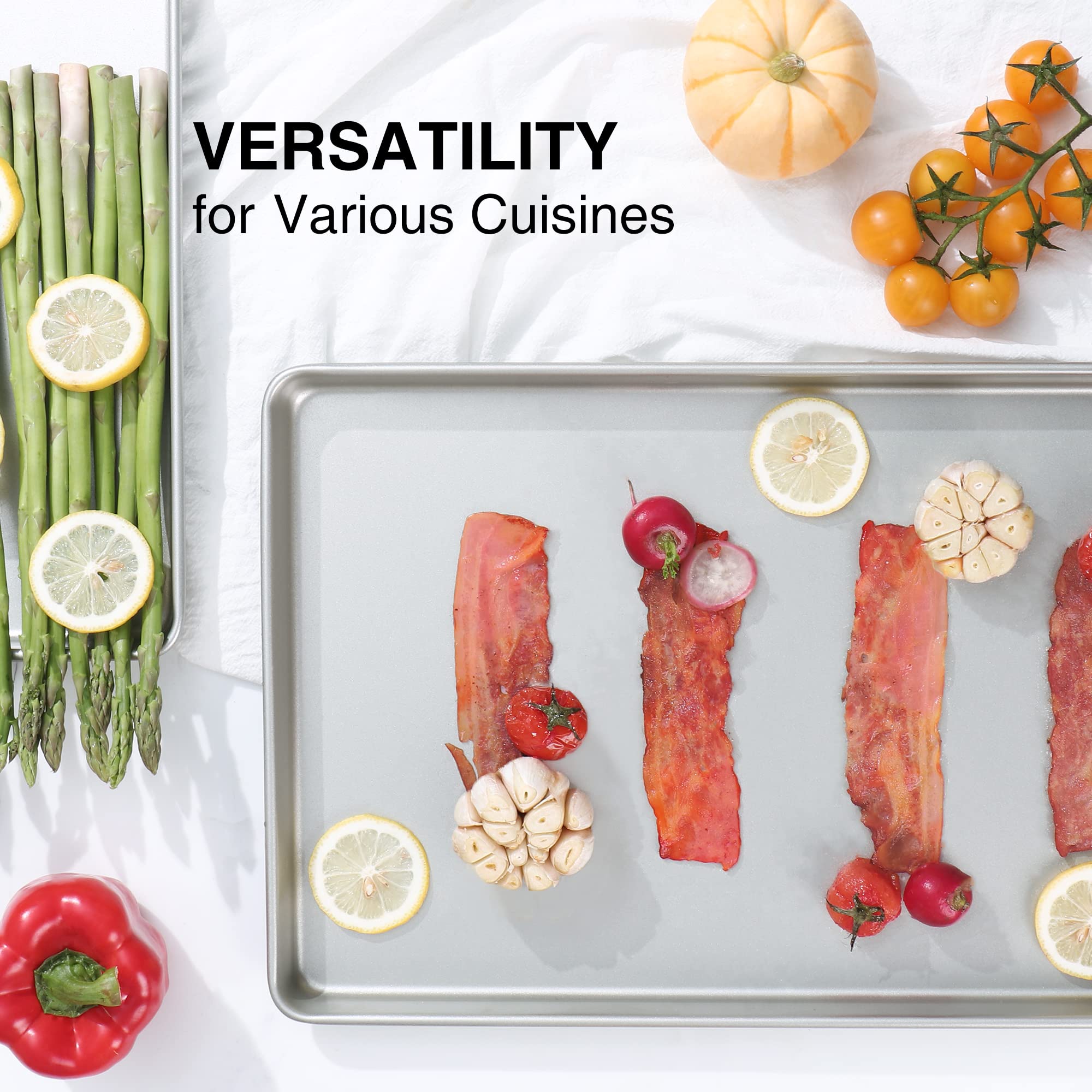 HONGBAKE Half Baking Sheet Pan Set of 2, Nonstick Cookie Sheet for Oven, Heavy Duty 1/2 Commercial Cookie Trays, Dishwasher Safe - Silver