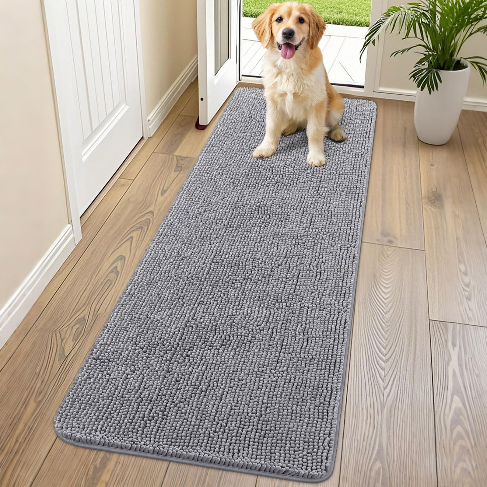 Photo 1 of Smiry Dog Door Mat for Muddy Paws 70x24, Absorbs Moisture and Dirt Doormat, Non-Slip Washable Quick Dry Chenille Front Door Mat Indoor Entrance, Entryway Carpet for Inside Floor, Grey