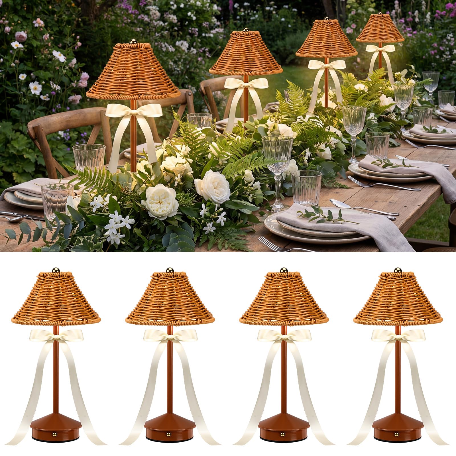 Photo 1 of Grinsvalley 4 Pack Wedding Cordless Rattan Table Lamps Wicker Night Light LED Rechargeable Reading Lights 3 Color Portable Touch Control Party Decor with Bows for Outdoor Party Wedding Patio