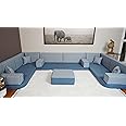 Arabic Floor Cushion, Majlis Sofa, Bench Cushion, Moroccan Sofa Set, Turkish Floor Sofa, Floor Seating, Sofa Set Living Room, Diwan Sofa (4'' Thickness Sofa, U Sofa + Ottoman, Blue)
