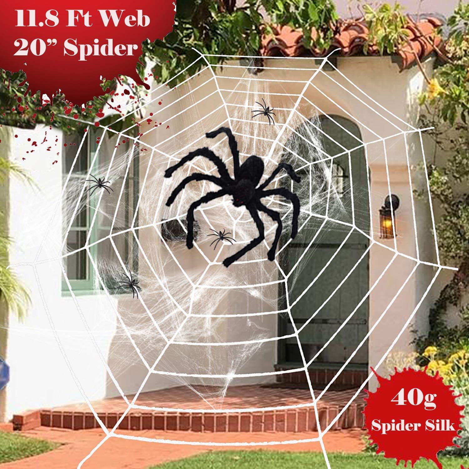 11.8 Feet Plush Spider Web Stretch Cobweb Set with 20 Inches Realistic Looking Hairy Spider, Best for Halloween Outdoor Yard Haunted House Party Decoration, Decor Supplies Props Party Favor