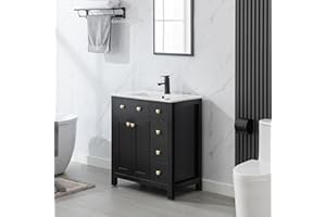 LUCKWIND 30" Bathroom Vanity with Sink Combo, Modern Bathroom Vanity Cabinet with Ceramic Sink and Wood Grain Veneer Surface, Include Faucet Without Mirror, Black