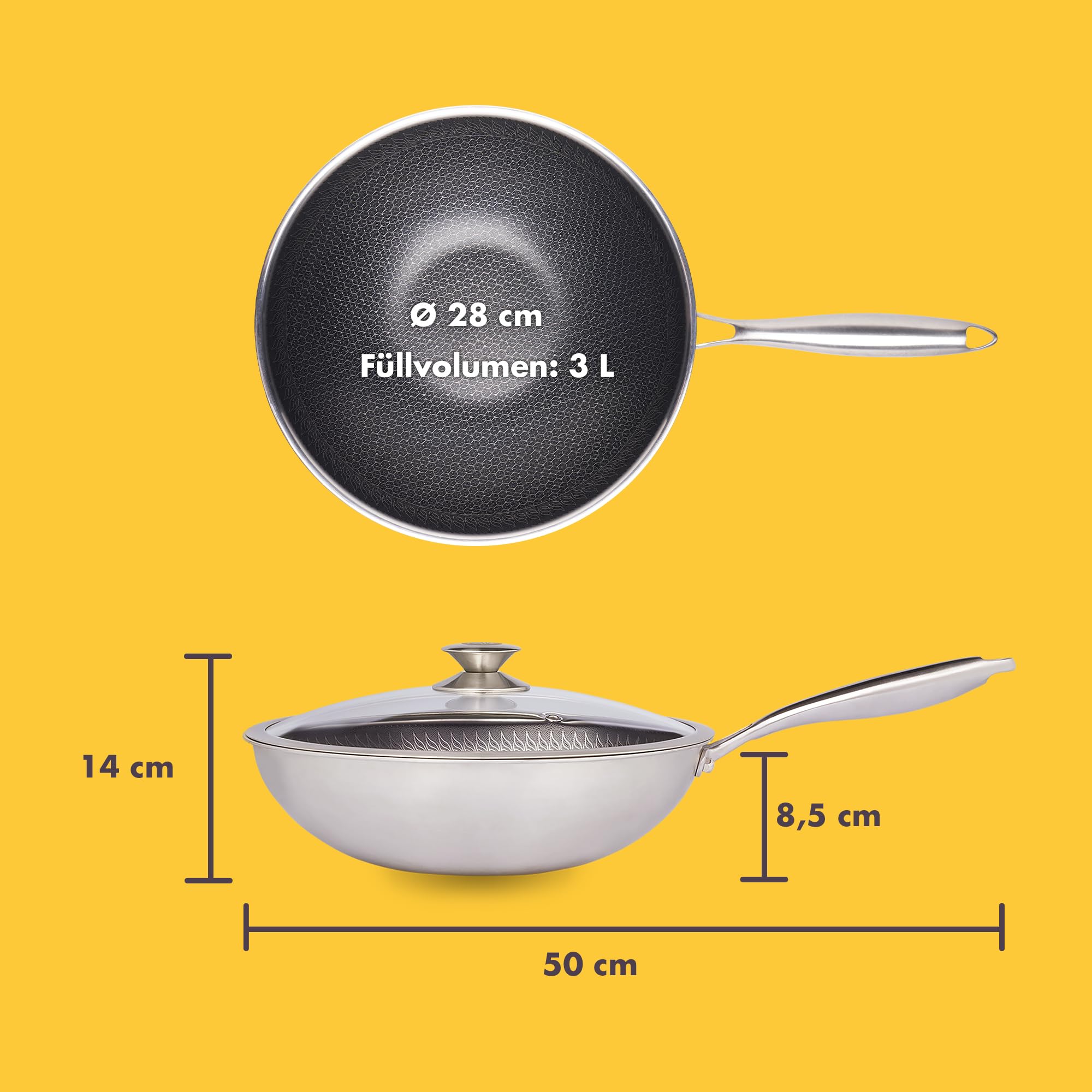 Reishunger Premium Wok aus Edelstahl | 28 cm Durchmesser | Mit Glasdeckel | Für alle Herdarten, Induktionsgeeignet | Wabenstruktur mit Antihaftbeschichtung | Spülmaschinengeeignet, Ofenfest 4