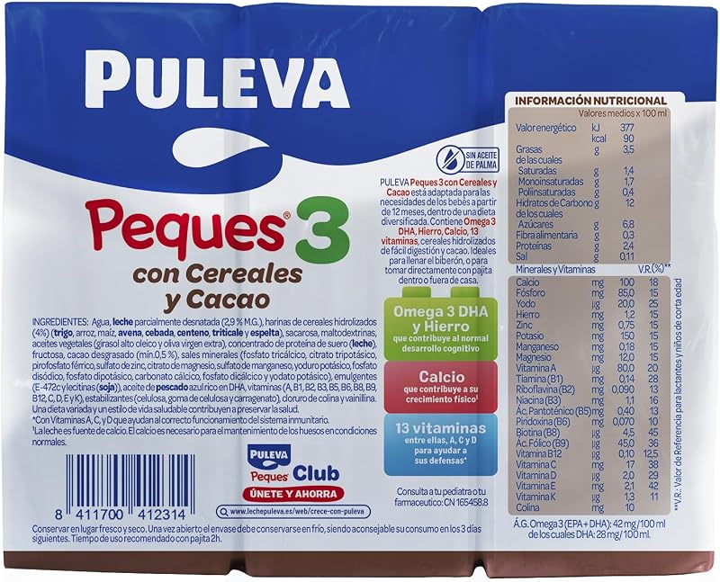 PULEVA KIDS 3 com Cacau e Cereais dos 12 aos 36 meses - 10 embalagens de 3x200ml