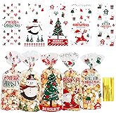 Liwidon Christmas Treat Bags, 100 PCS Christmas Candy Bags 5 Design Xmas Cellophane Treat Bag with Twist Ties Plastic Clear Xmas Goodie Bags for Winter Xmas Theme Party Favor Supplies