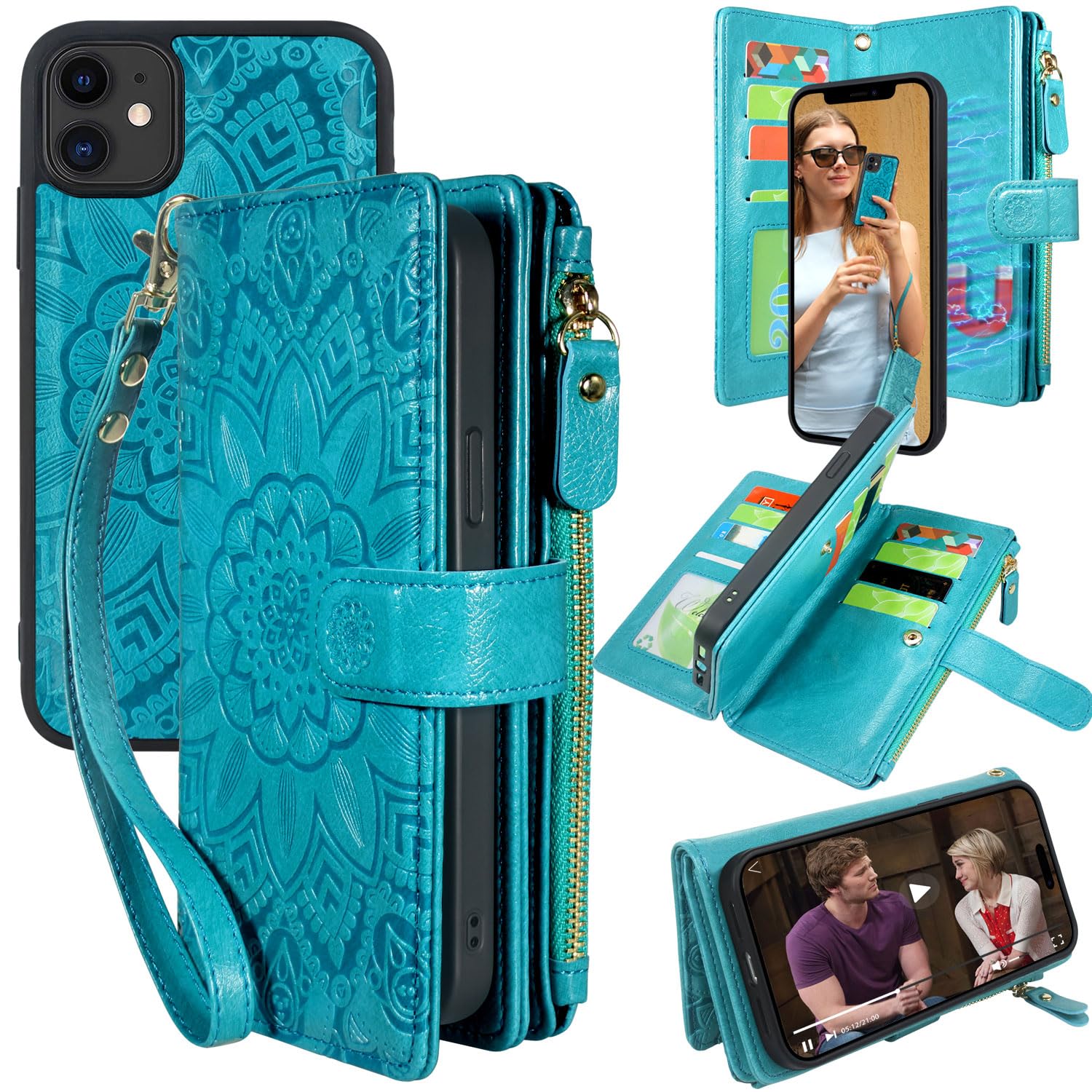 Harryshell Detachable Magnetic Zipper Wallet Leather Case Cash Pocket with 12 Card Slots Holder Wrist Strap for iPhone 11 6.1 inch 2019 Floral Flower (Blue Green)
