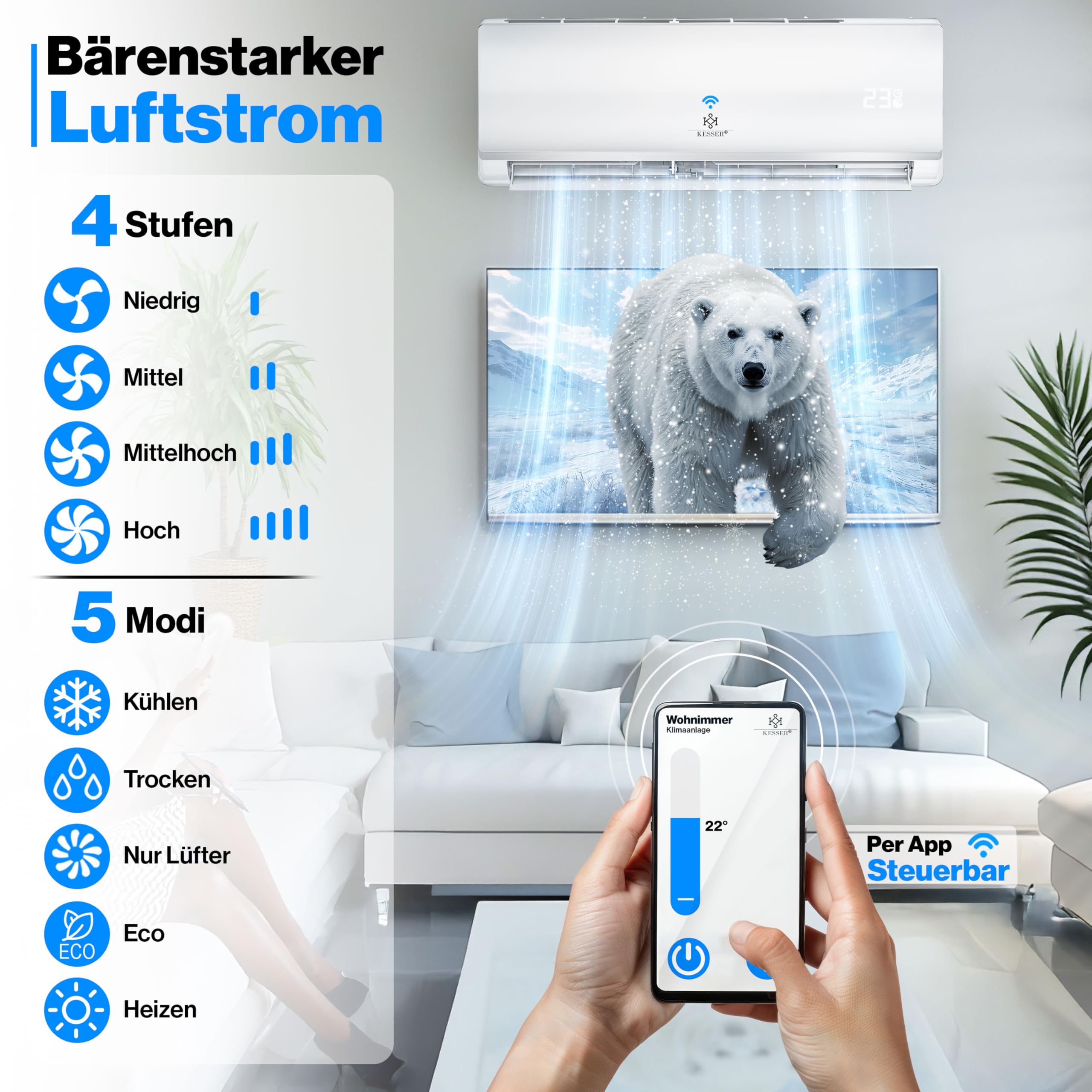 KESSER® Split Klimaanlage Set Quick Connect 9000 BTU 2,6 kW – WiFi & App Klimagerät mit Heizfunktion & Kühlmodus Wandklimaanlage, mit Kupferleitung Kältemittel R32 Inkl. Montagematerial 7